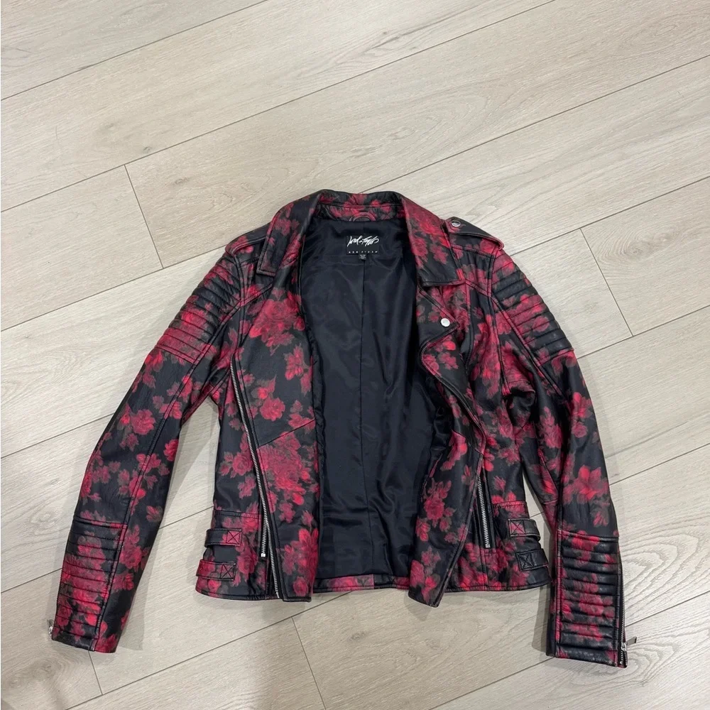 Lord & Taylor 424 Fifth Red Rose Black Leather Moto Biker Jacket - Picture 8 of 10